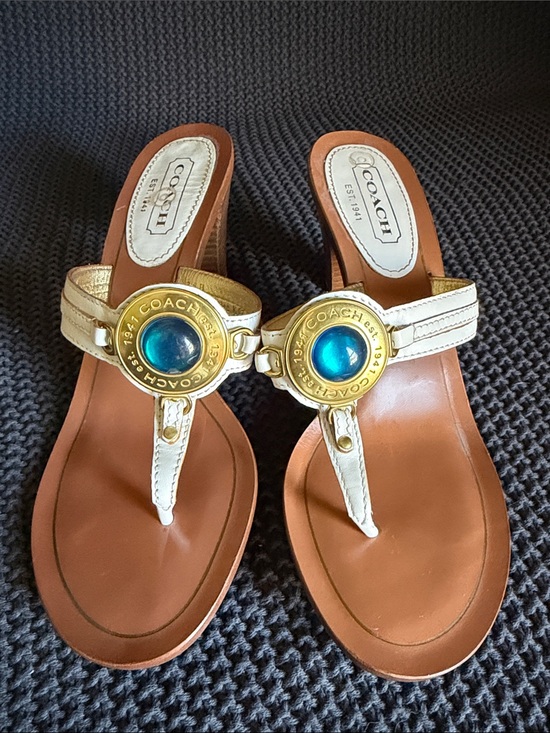 Coach Shoes - Coach Gold Leather Thong Sandals with Blue Medallion